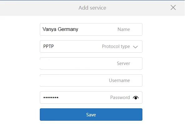 Xiaomi MiWiFi Add service window: name, protocol type PPTP, server, username, password